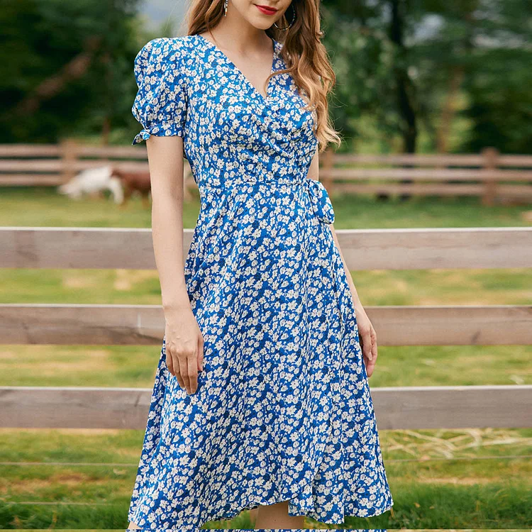 Summer Fashion Deep V Beach Print Lace Casual Midi Dress