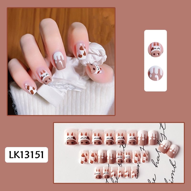 Cartoon Cow Short Fake Nail for Women Wearable Bear Leopard False Nails Full Cover Nail Tips Press On Nails Art Drop Shipping
