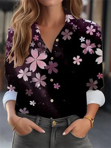 Women's Long Sleeve Shirt Collar Floral Printed Graphic Tops