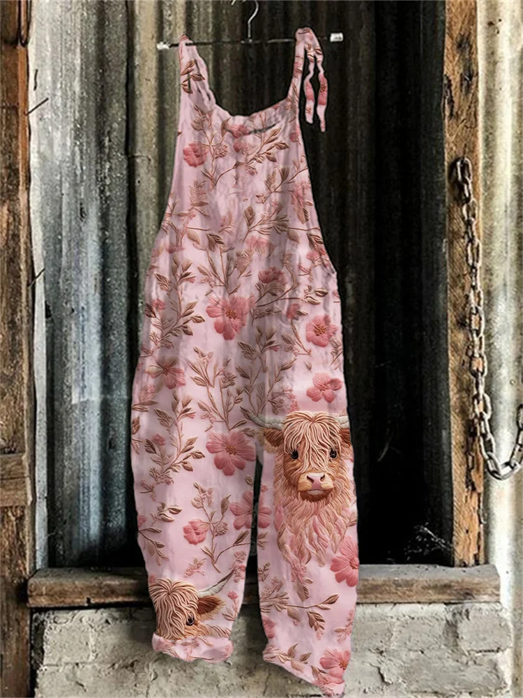 Women's Cute Print Linen Blend Casual Jumpsuit