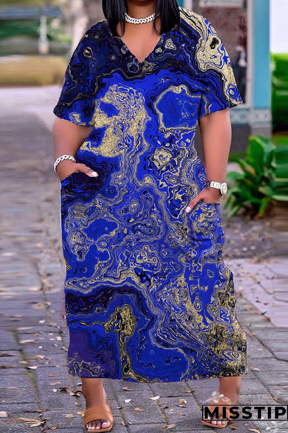 Dark Blue Casual Print Patchwork V Neck Short Sleeve Dress