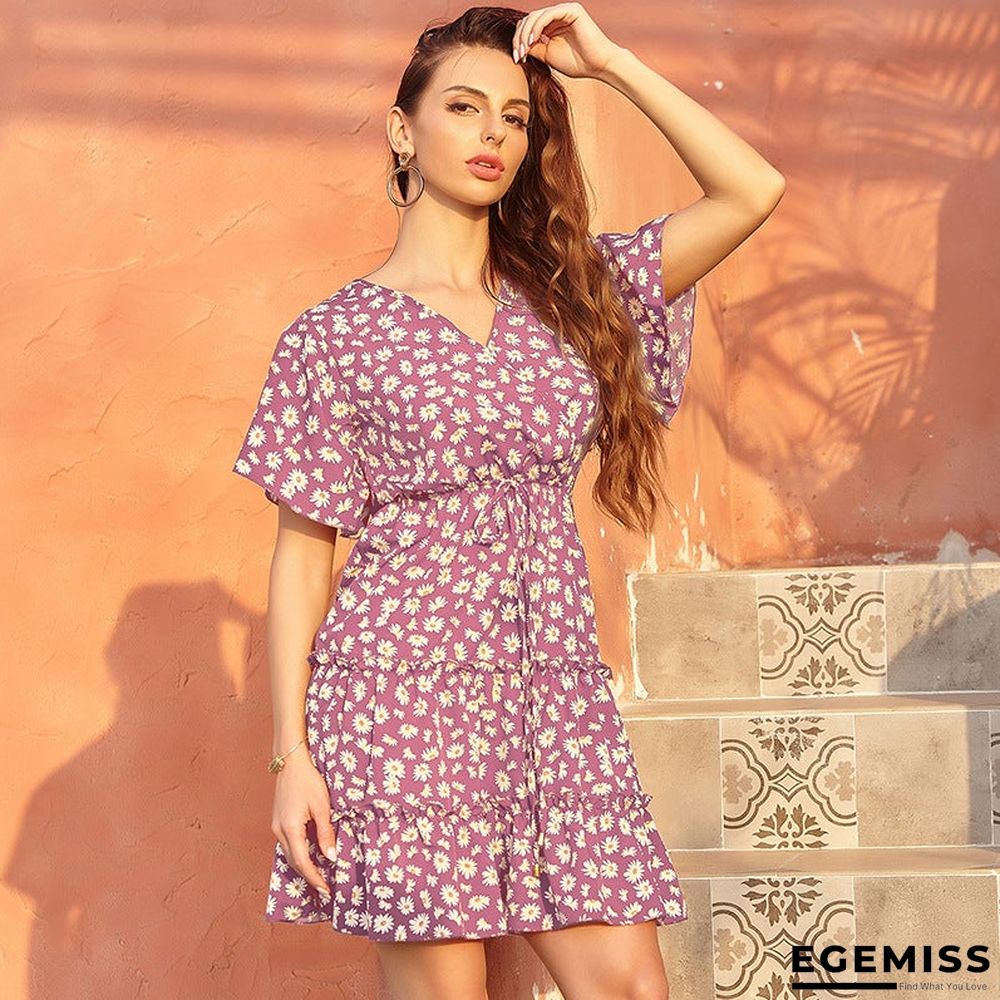 Women's Chiffon V-neck Lace Up Dress Casual | EGEMISS