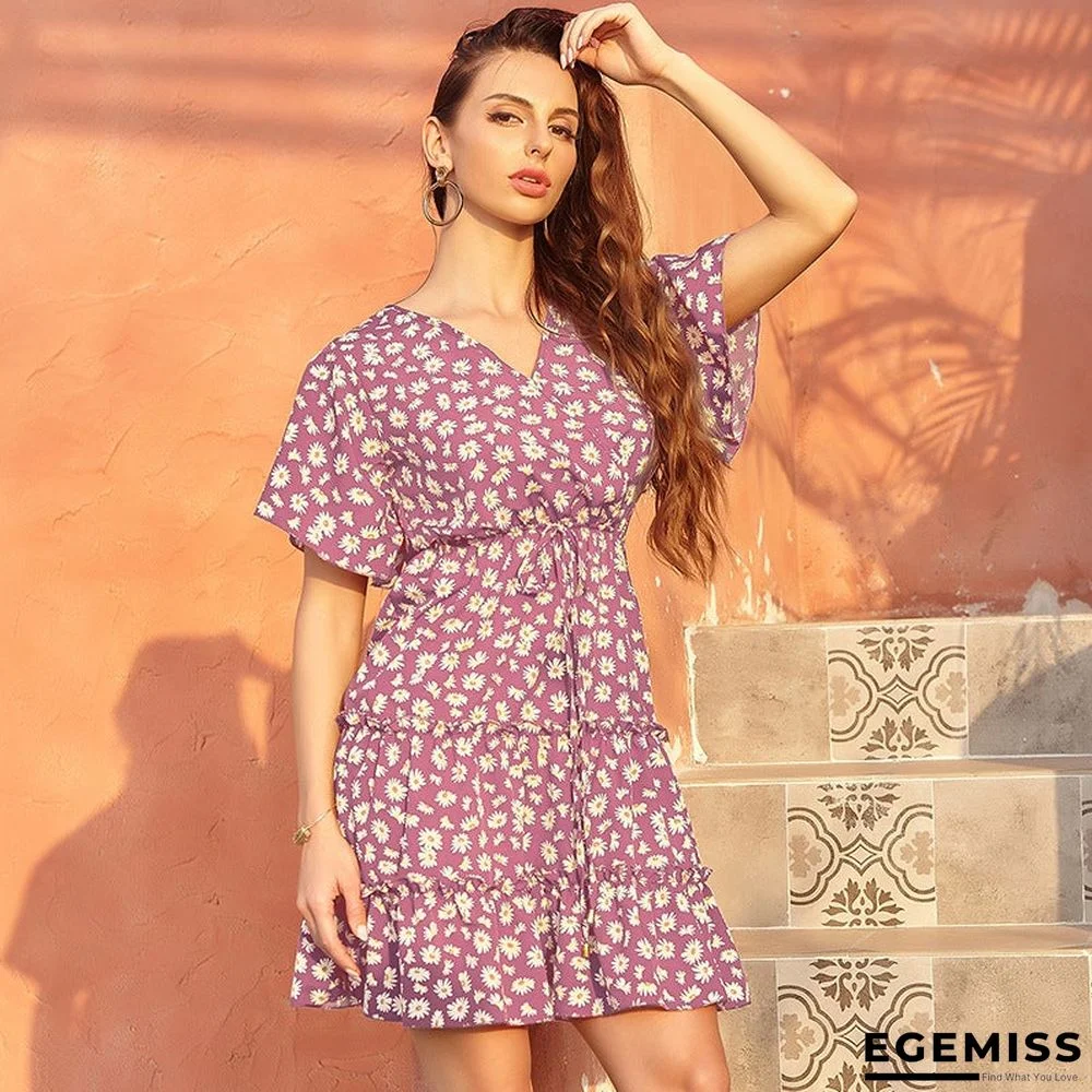Women's Chiffon V-neck Lace Up Dress Casual | EGEMISS