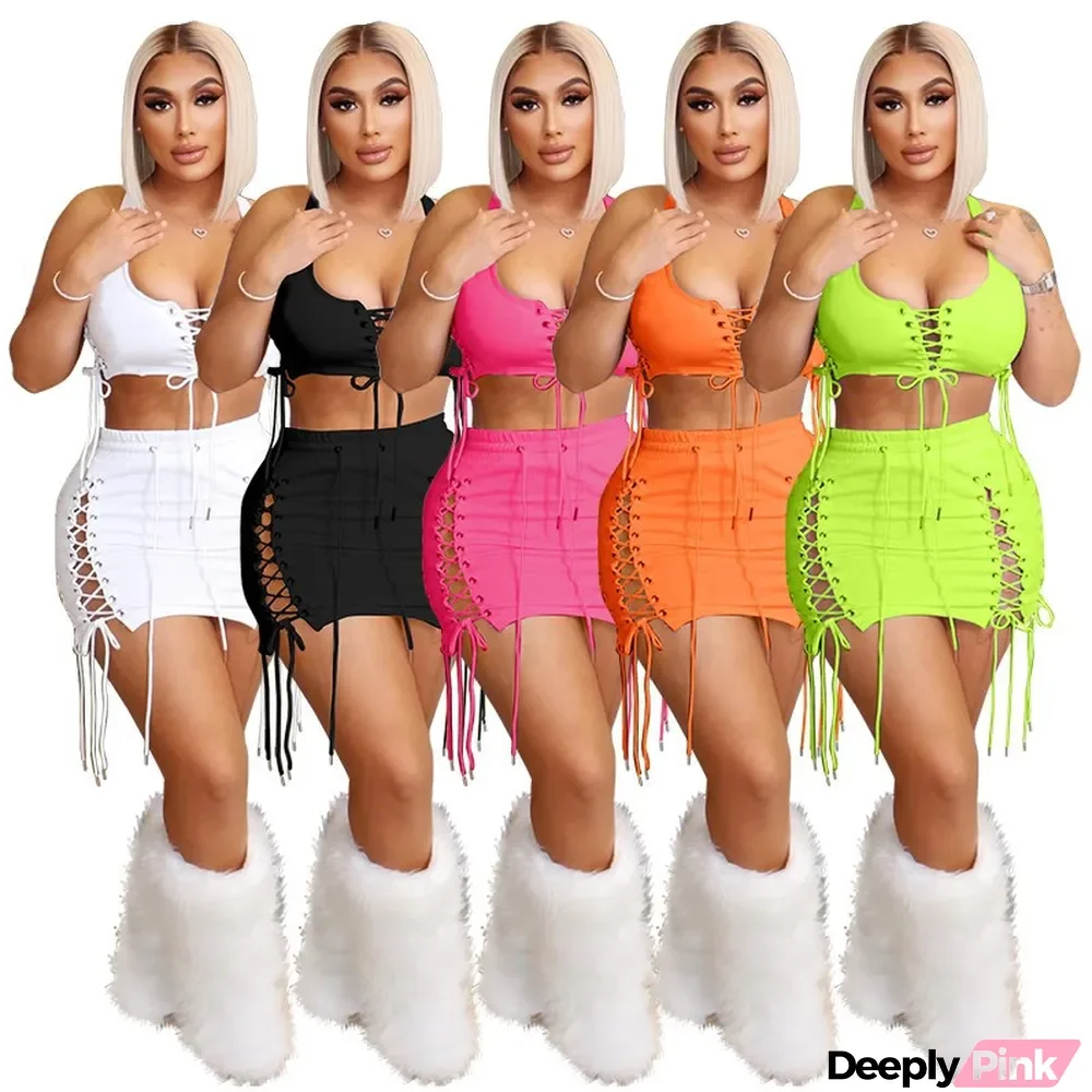 Sexy Solid Color Hollow Eyelet Drawstring Sleeveless Two-piece Set