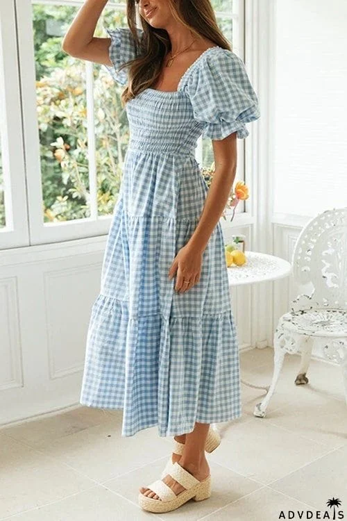 Plaid Square Neck Puff Sleeve Midi Dress