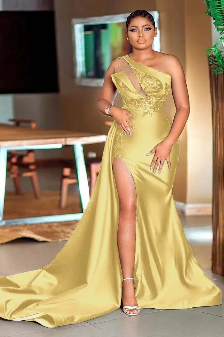 Side Split Mermaid Green One Shoulder Long Sleeve Prom Dress