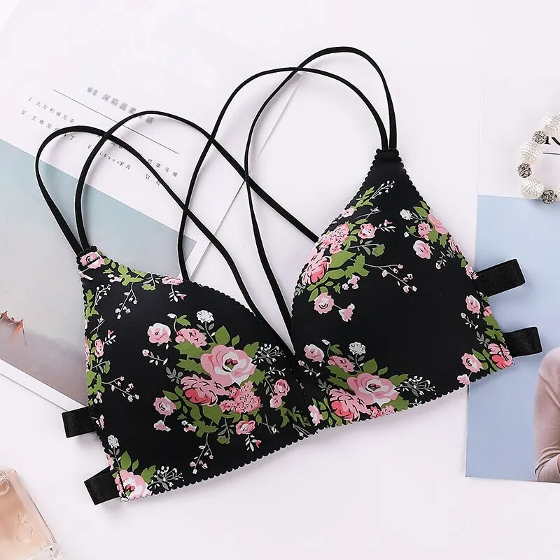 Billionm Sexy Floral Print Bra Front Buckle Underwear Seamless Cross Back Women Push up Bras 2022 New