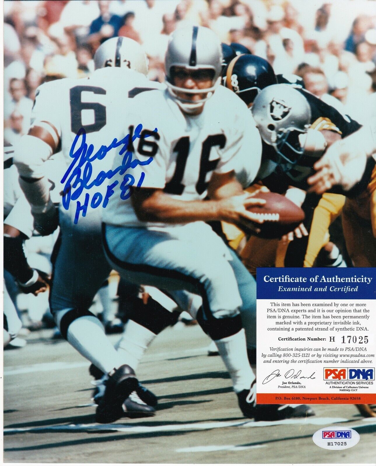 GEORGE BLANDA OAKLAND RAIDERS HOF 81 BECKETT AUTHENTICATED ACTION SIGNED 8x10