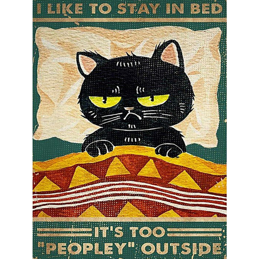 

(Multi-Size Round/Square) I Like to Stay In Bed Retro Black Cat Poster - Diamond Painting, Round diamond 30*40cm, 501 Original