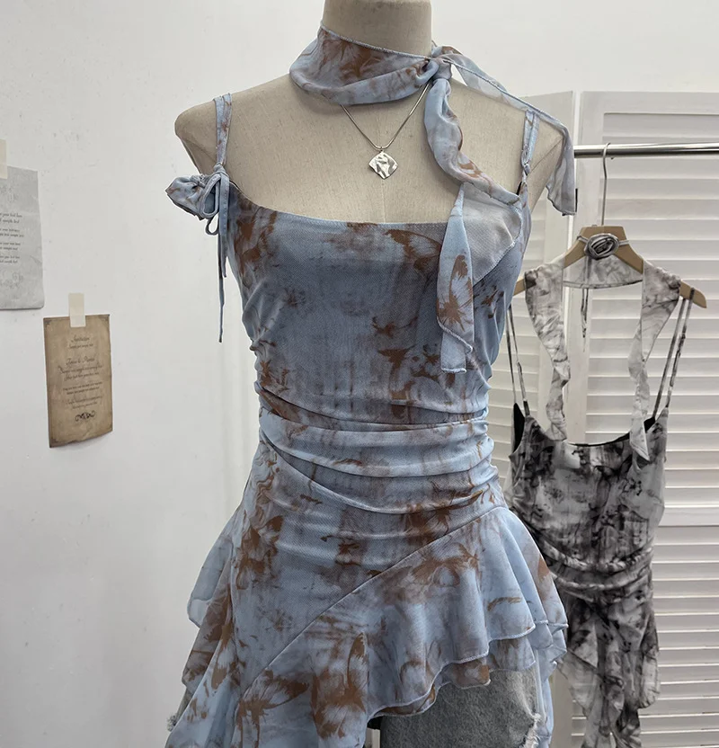 Uveng Real Shooting Retro Tie-Dye-Print Mesh Sling Sling Sling Vest Irregular Lotus Leaf Edge Ribbon Sleeveless Top 1185