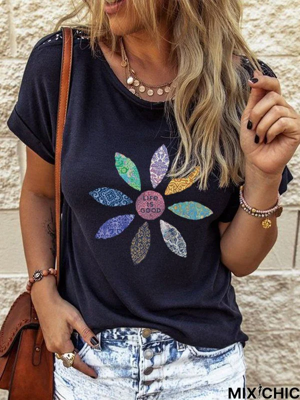 Floral-Print Short Sleeve Crew Neck Casual T-shirt