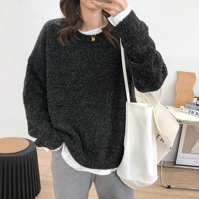 Autumn and winter women's sweater casual solid color round neck long sleeve loose sweater
