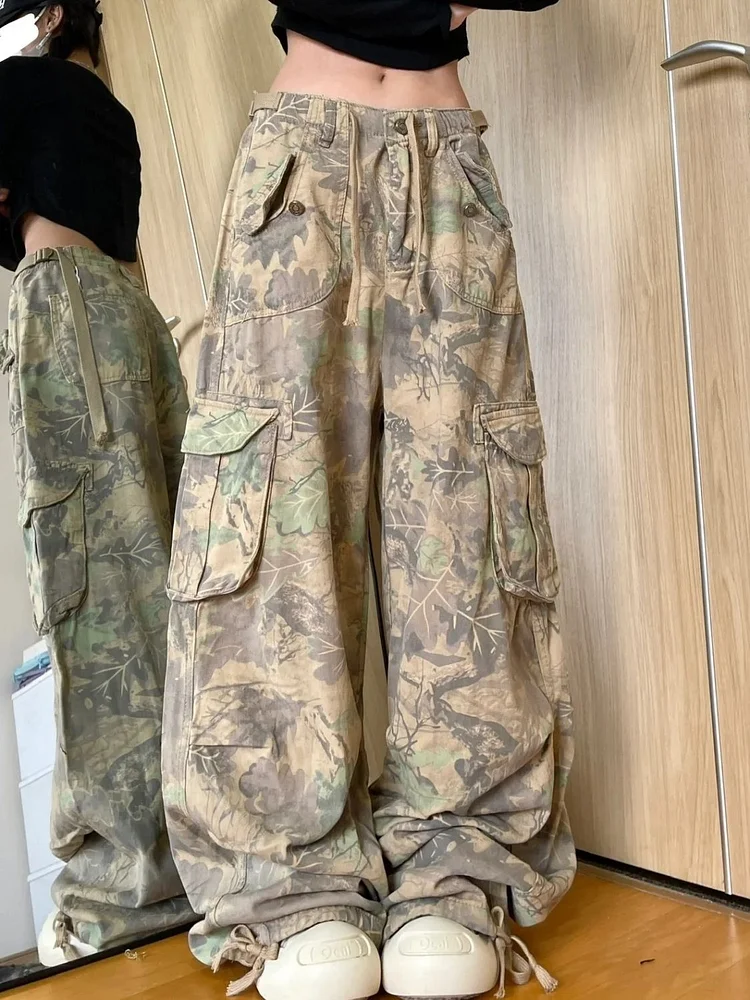 Ohanaparts Vintage Casual High Waist Printting Cargo Drawstring Pants For Women Streetwear Style Wide Leg Overalls Baggy Y2K Trouser