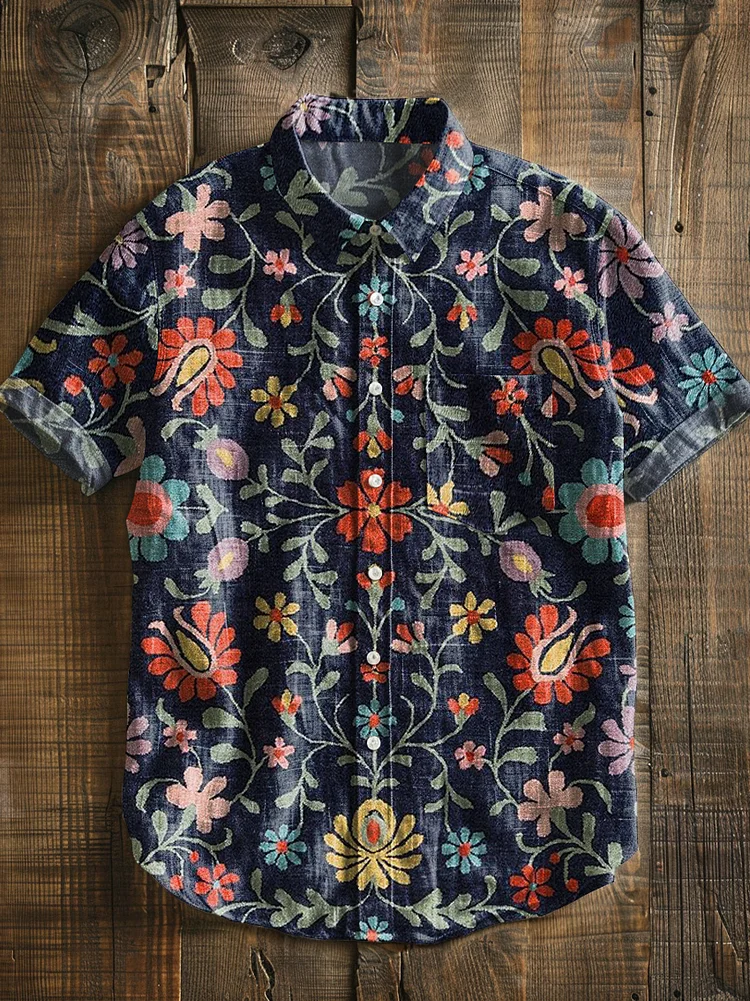 Flowers Ethnic Pattern Art Vintage Print Casual 100% Cotton Shirt