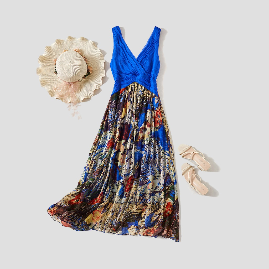 Sleeveless Silk Dress with Colorful Floral Prints REAL SILK LIFE