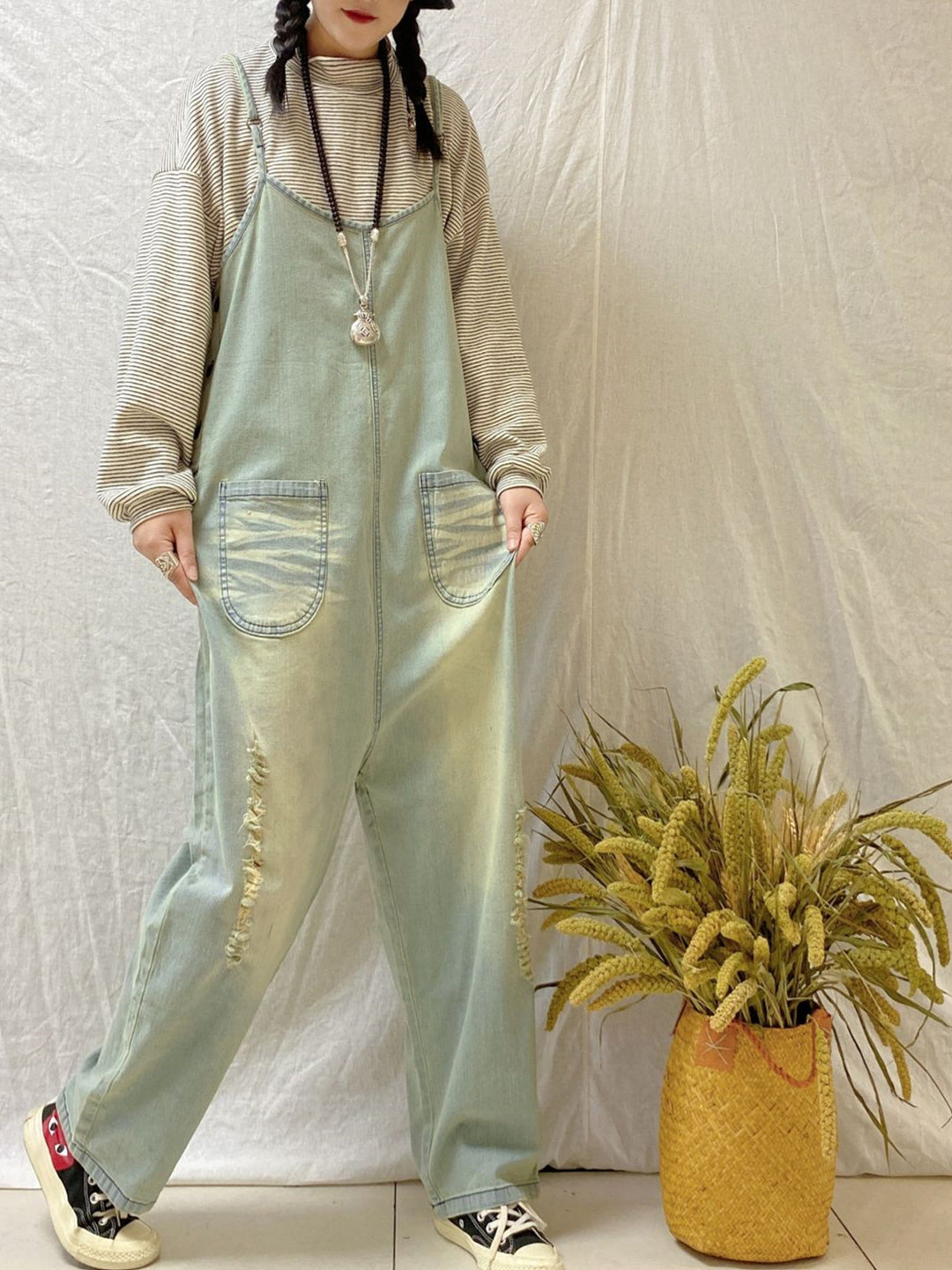 Women's Casual Retro Cropped Workwear Denim Overalls Jumpsuit