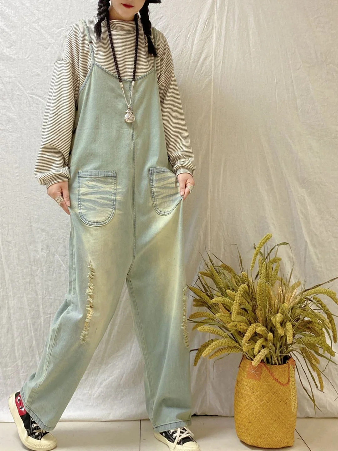 Women's Casual Retro Cropped Workwear Denim Overalls Jumpsuit