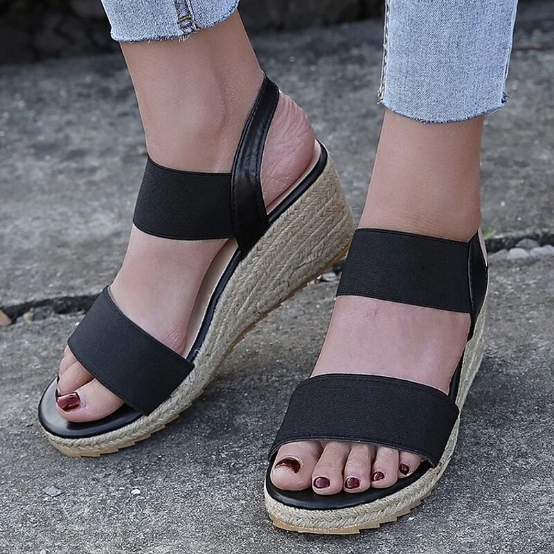 Women's Sandals Plus Size Daily Summer Wedge Heel Round Toe Casual Walking Shoes Synthetics Loafer Solid Colored Black White Brown | IFYHOME