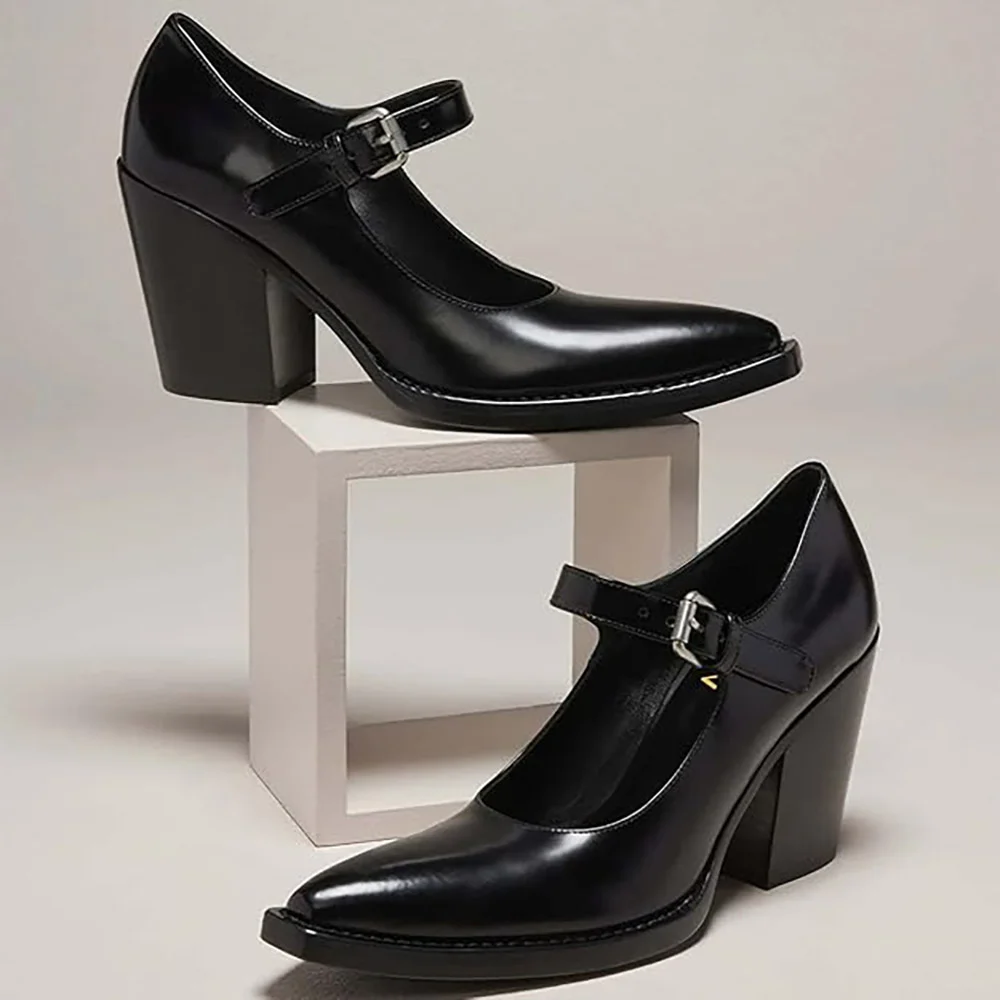 Chic Black Pointed Toe Chunky Heel Buckle Strap Mary Jane Pumps