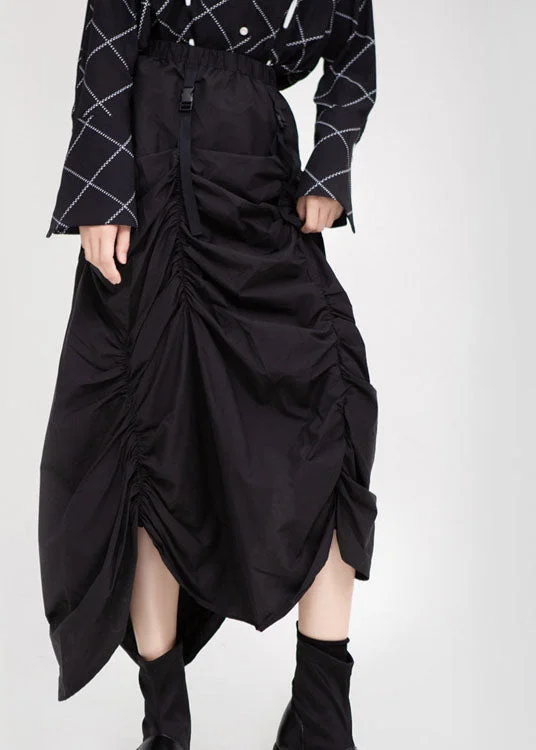 French Black Elastic Waist Asymmetrical Design Wrinkled Fall Skirt