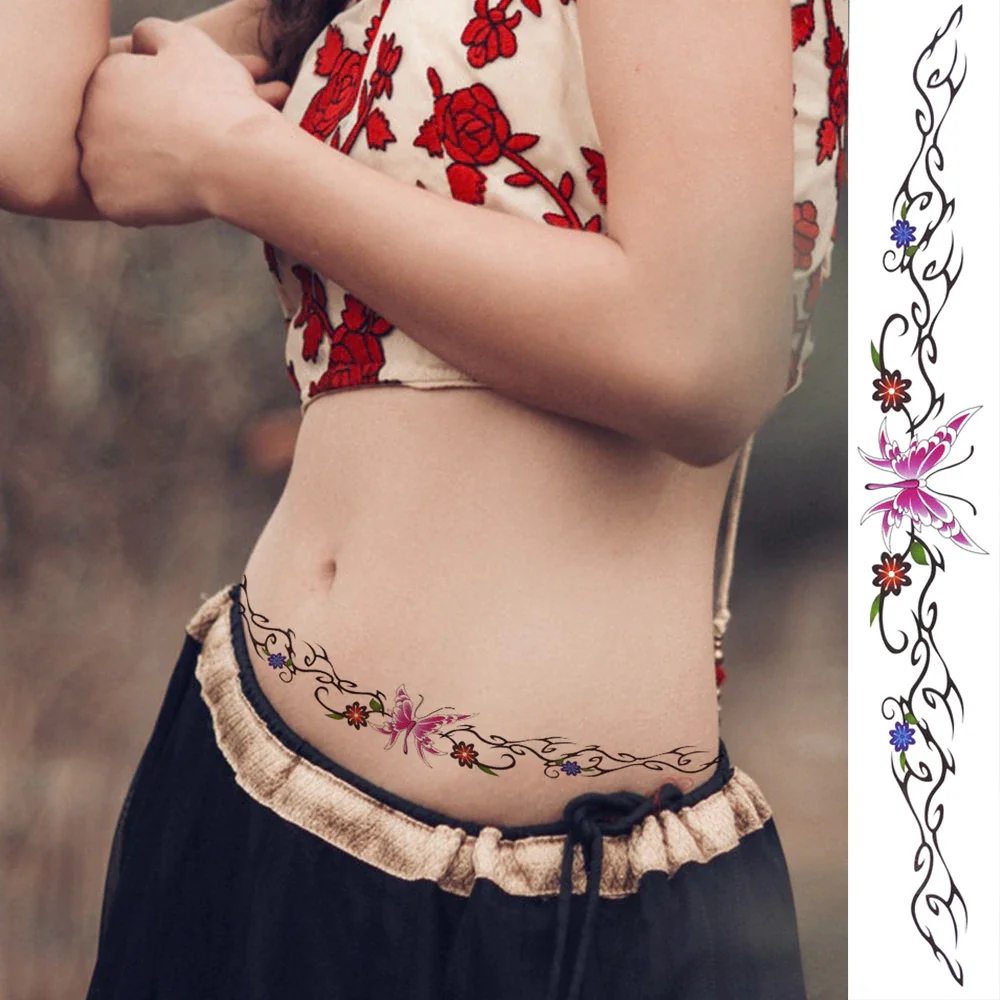Sdrawing Flower Temporary Tattoos For Women Girls Fake 3D Orchid Rose Tatoo Sticker Long Bramble Sexy Waist Tattoo Realistic