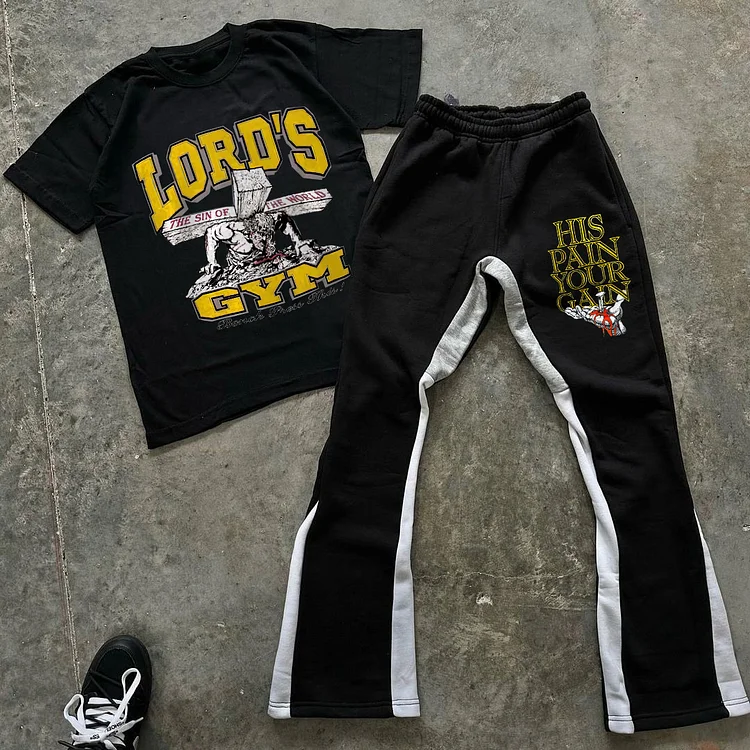 Lord’s Gym Print Short Sleeve Tee & Flared Trousers Two Piece Set