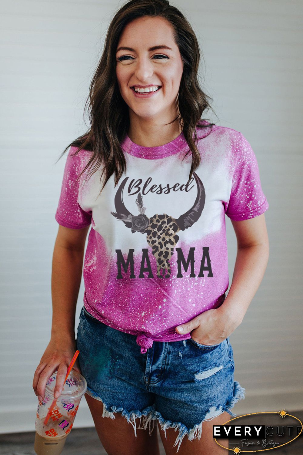 Rose Blessed MAMA Western Bull Graphic Bleached T Shirt