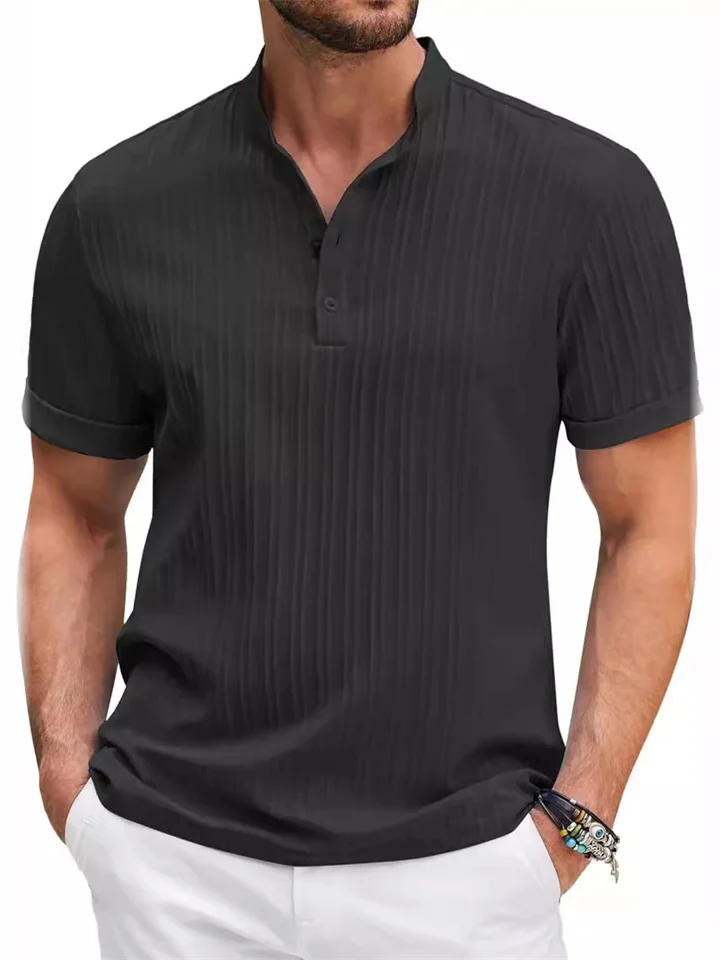 New Men's Vintage Cotton and Linen Striped Henley Shirt Casual Loose Shirt