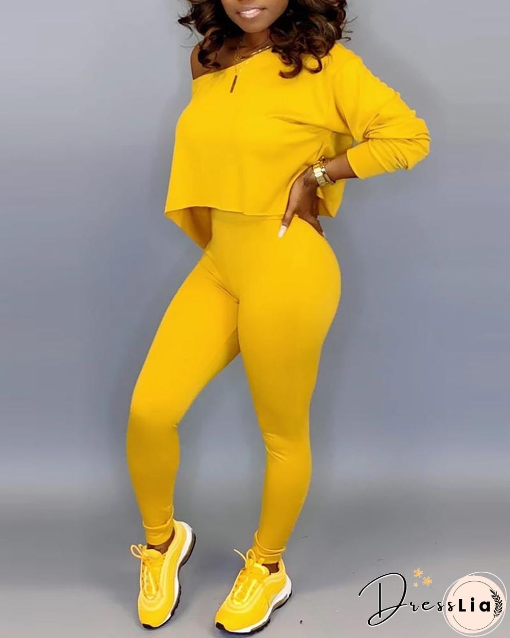 Solid Long Sleeve Top & High Waist Pants Set