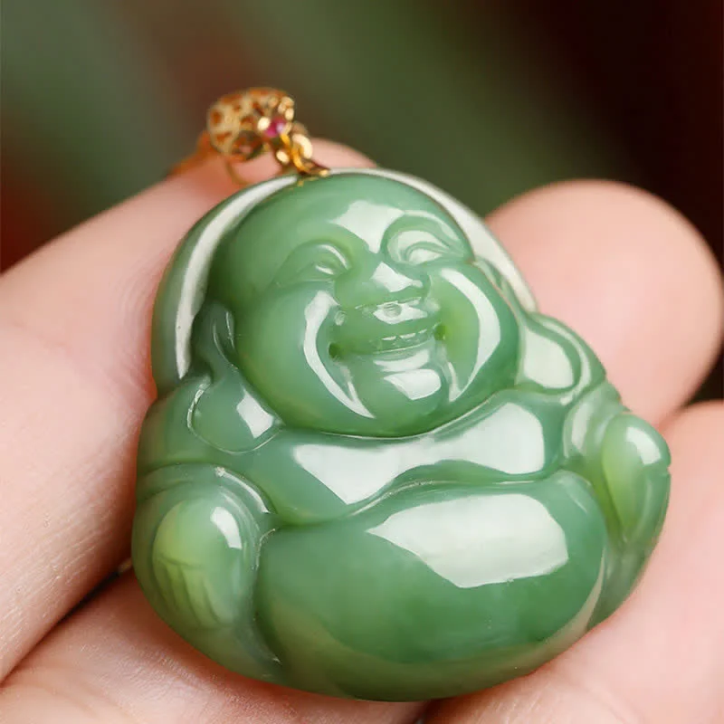 Laughing Buddha 925 Sterling Silver Hetian Cyan Jade Luck Chain Necklace Pendant