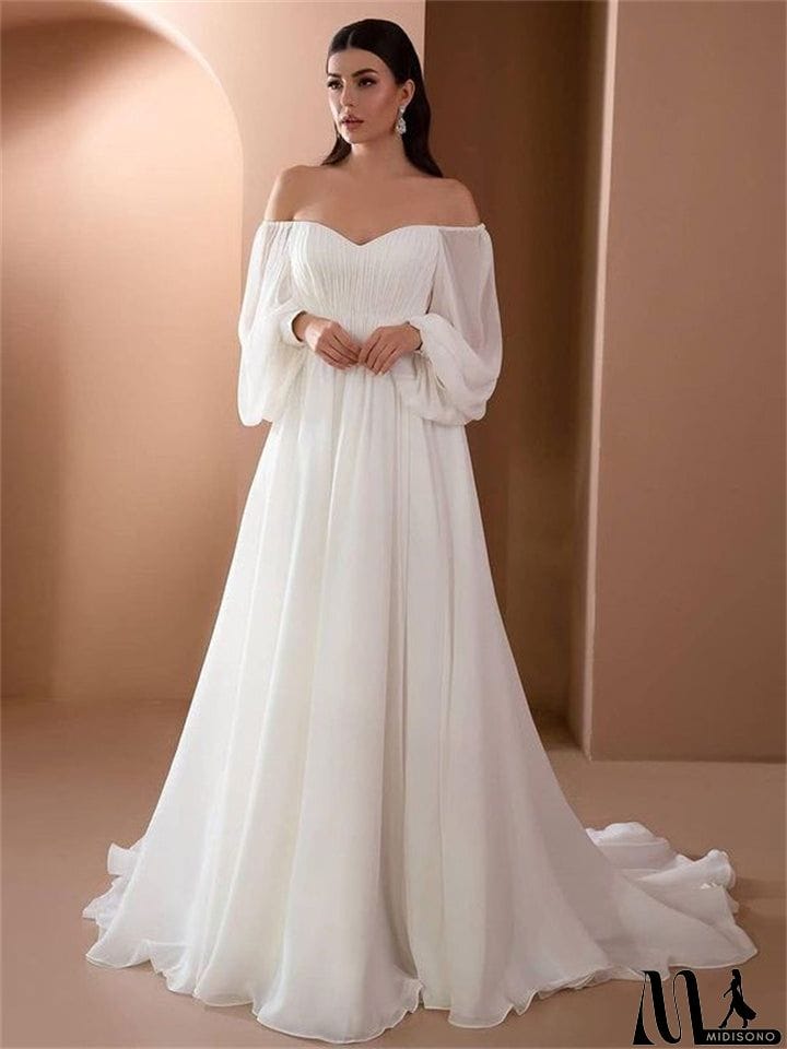 MidiSono - Elegant One Shoulder Long Sleeve White Wedding Dress for Lady