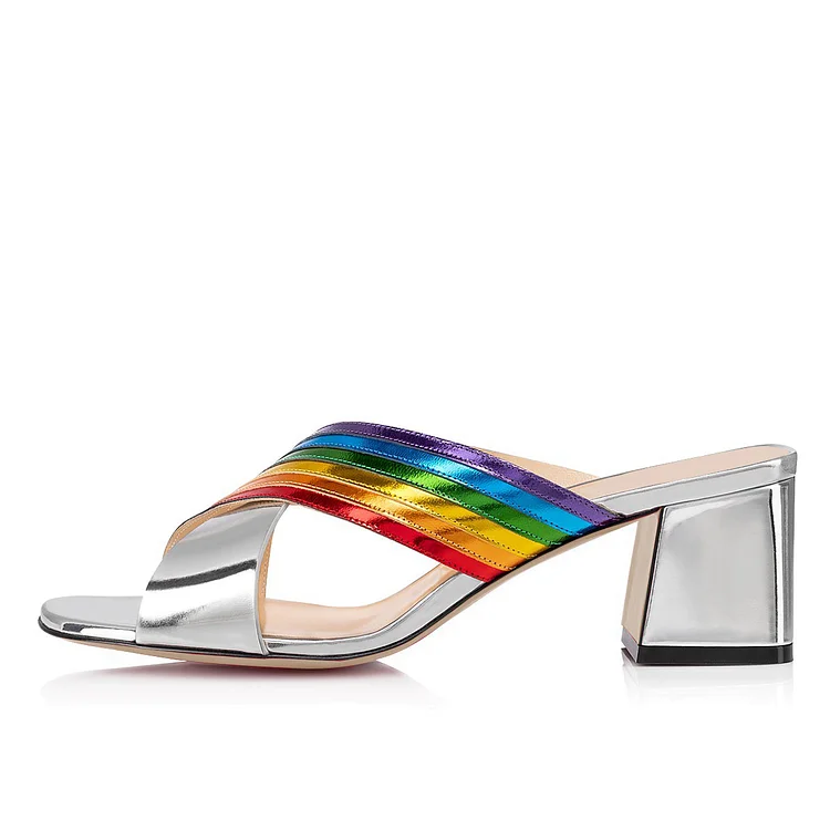 Silver Rainbow Block Heel Open Toe Mule Heels Vdcoo