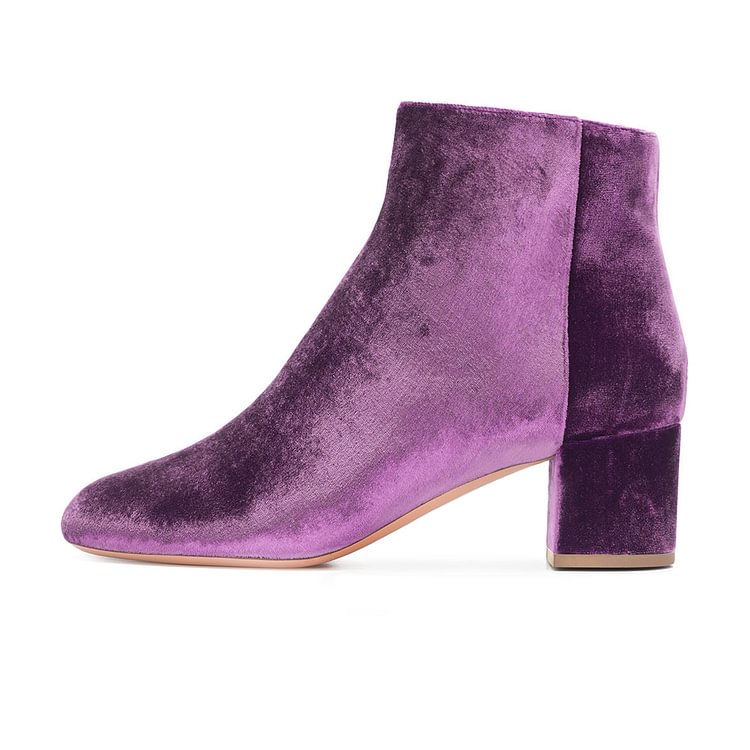Purple Velvet Short Boots Round Toe Chunky Heel Fashion Ankle Boots |FSJ Shoes