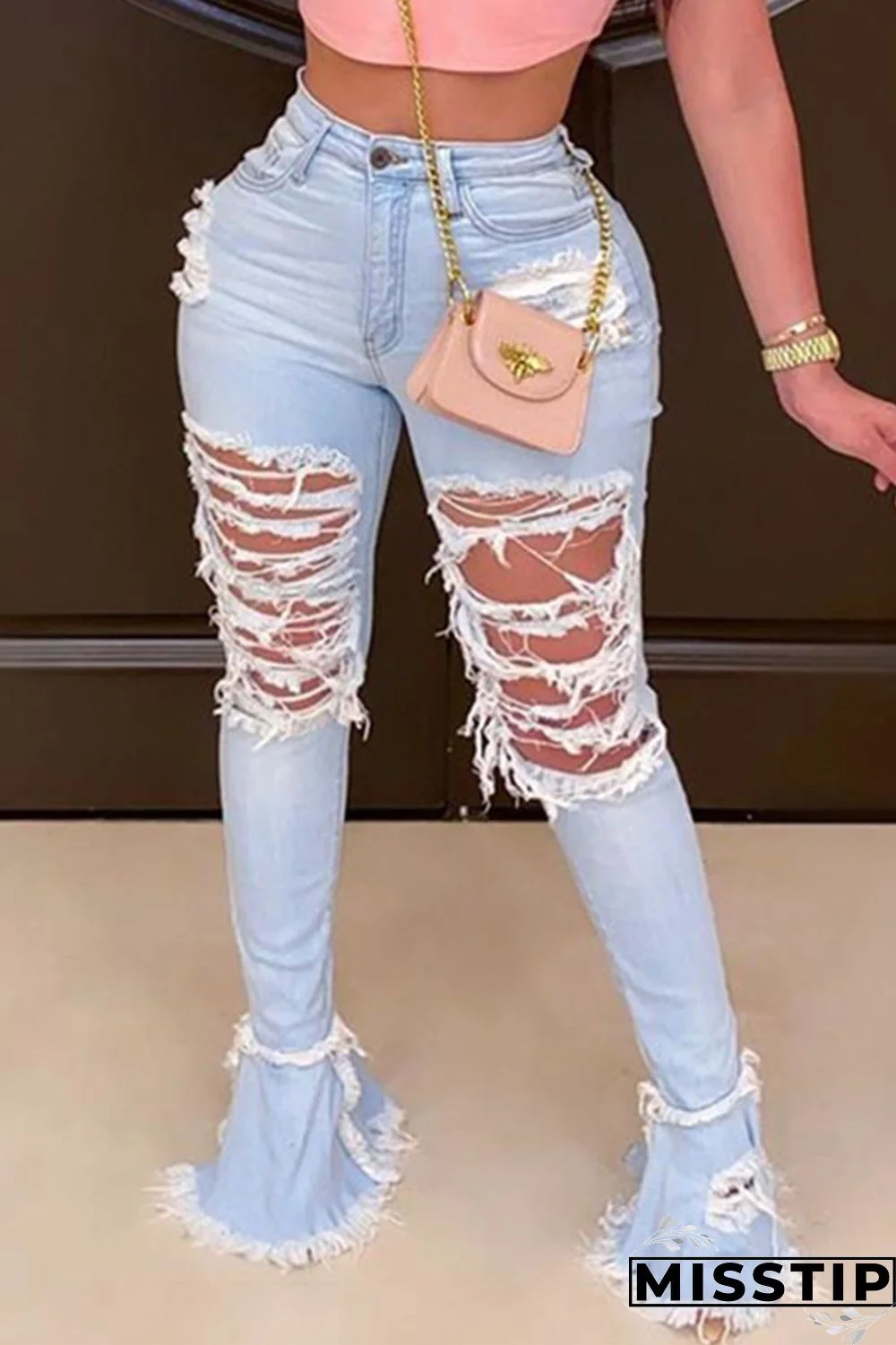 Dark Blue Fashion Casual Solid Ripped High Waist Boot Cut Denim Jeans