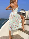 Spaghetti-Neck Deep V-Neck Backless Split-Side Floral Midi Dress