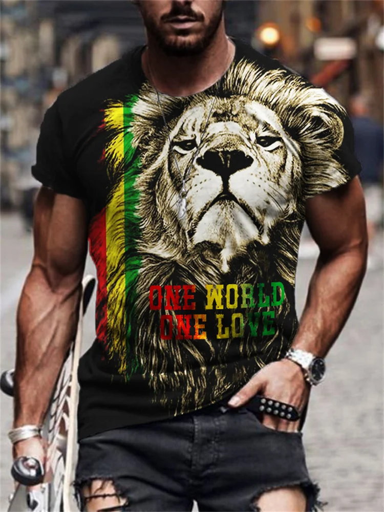 Tiboyz One World One Love Reggae Lover Lion Print T Shirt