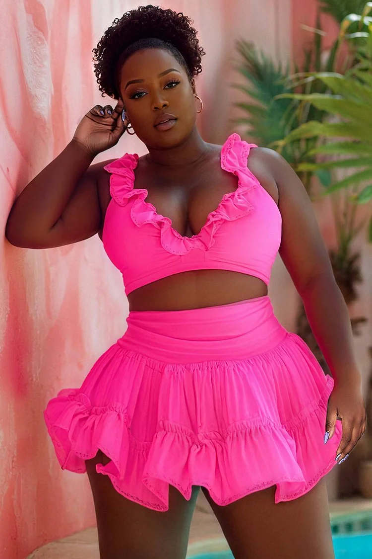 Xpluswear Design Plus Size Beach Hot Pink Ruffle Tummy Control Two Pieces Swimsuit [Pre-Order] 2024 - Xpluswear