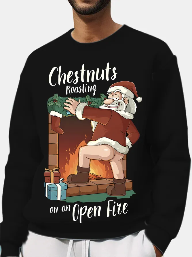 Men's Christmas Funny Santa Claus Bonfire Print Long Sleeve Crew Neck Sweatshirt PLUSCLOTHESMAN