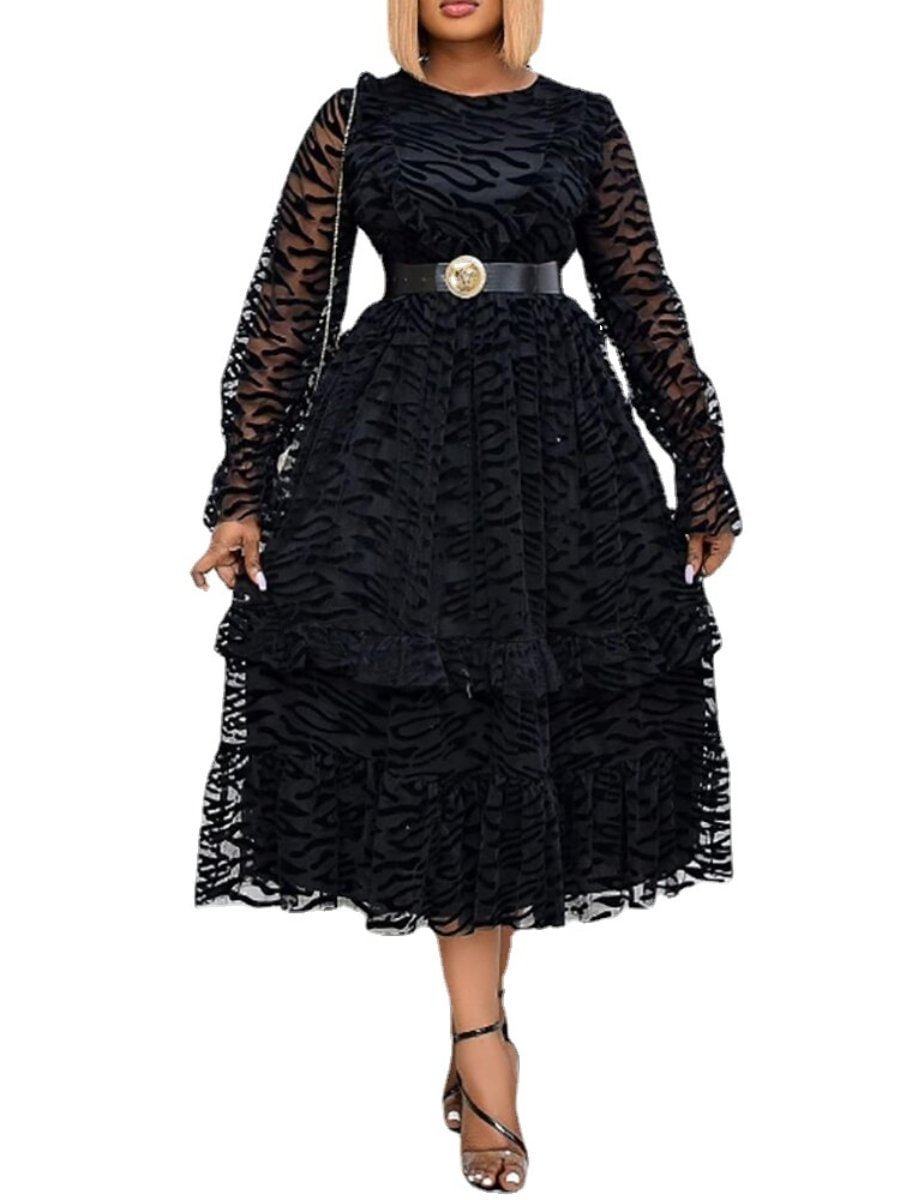 Black Dresses For Girls Elegant Mesh Crimping Hem Plus Size Swing Dresses