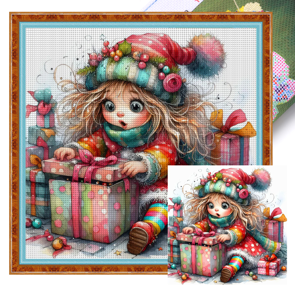 Girl Opening Presents Full 11CT Pre-stamped Canvas(40*40cm) Cross Stitch