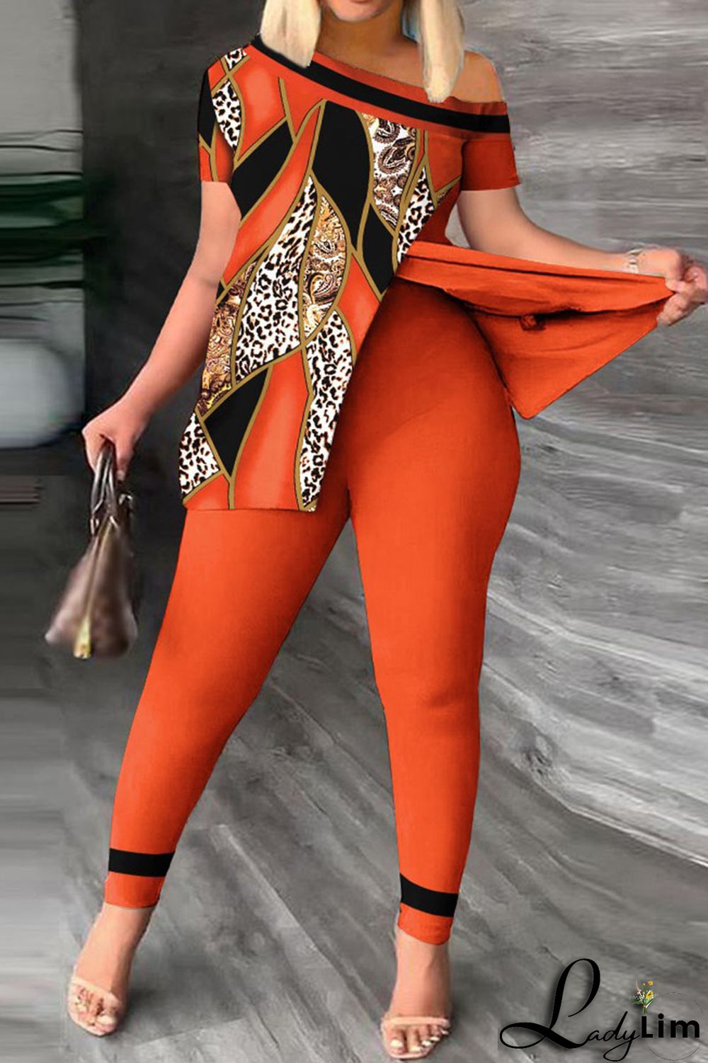 Red Casual Print Patchwork Slit Asymmetrical Oblique Collar Short Sleeve Two Pieces