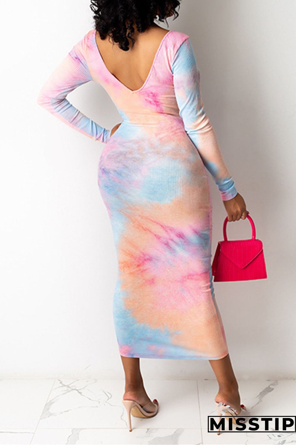 Pink Fashion Sexy Print Basic V Neck Long Sleeve Dress