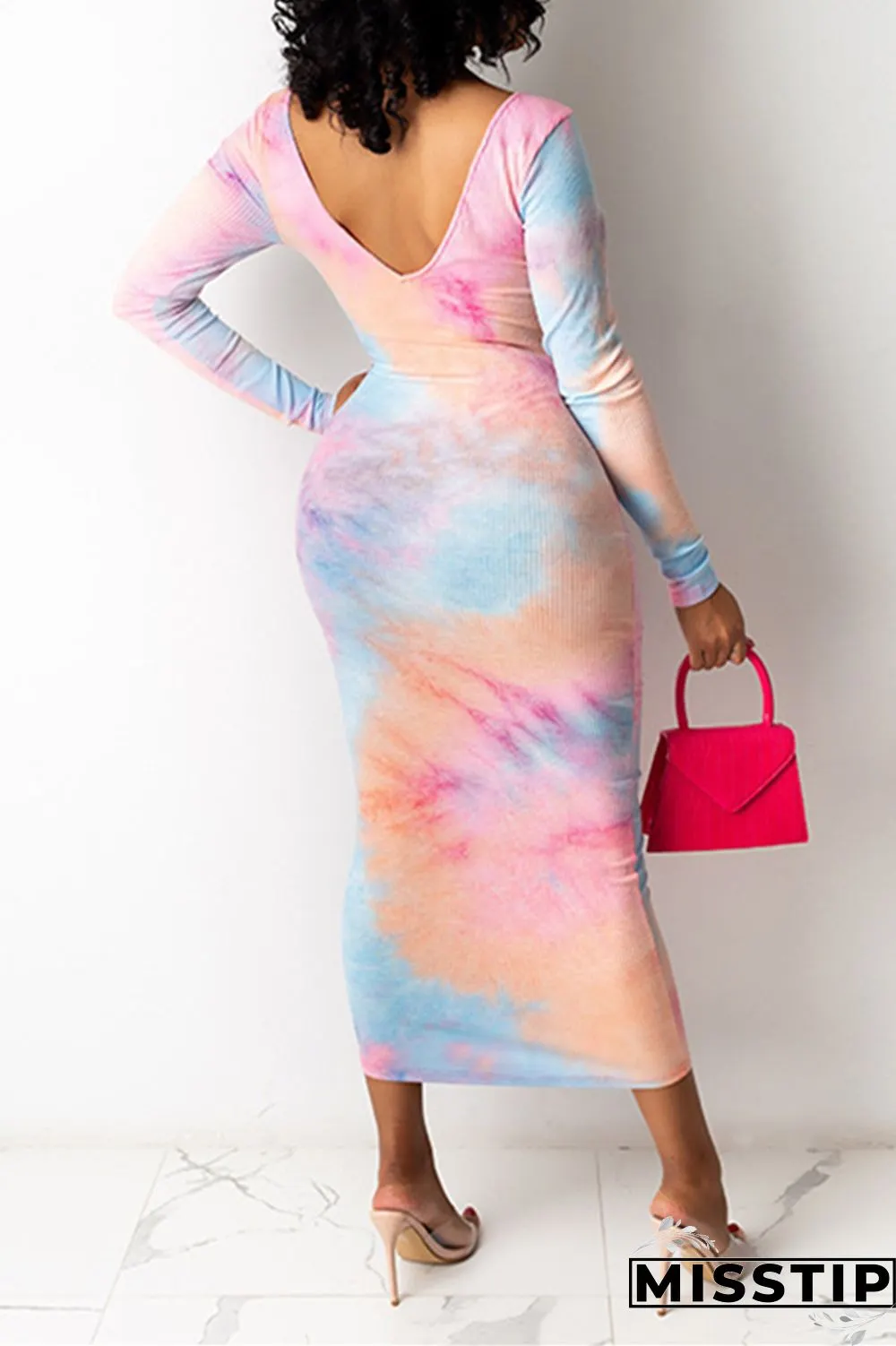 Pink Fashion Sexy Print Basic V Neck Long Sleeve Dress