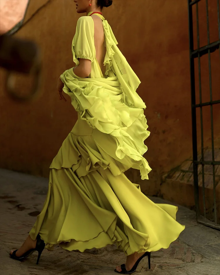 Women's Ruffled Solid Color Chiffon Dress