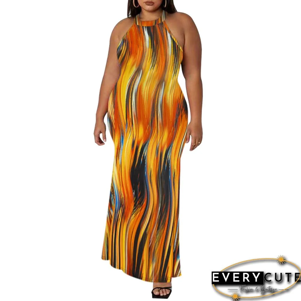 Yellow Printed Sleeveless Plus Size Maxi Dress