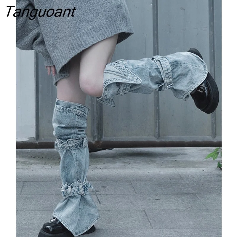 Tanguoant Women Leg Warmers Knee-Length Buckled Denim Leggings Stylish Jean Foot Socks for Lady Goth