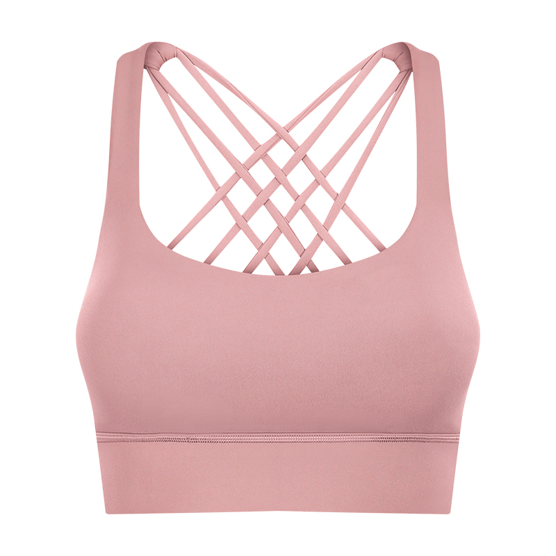 Coral pink shop widened hem back criss cross straps double sided brushed nylon toe dye shock absorber push up sports bra at a great price on Hergymclothing