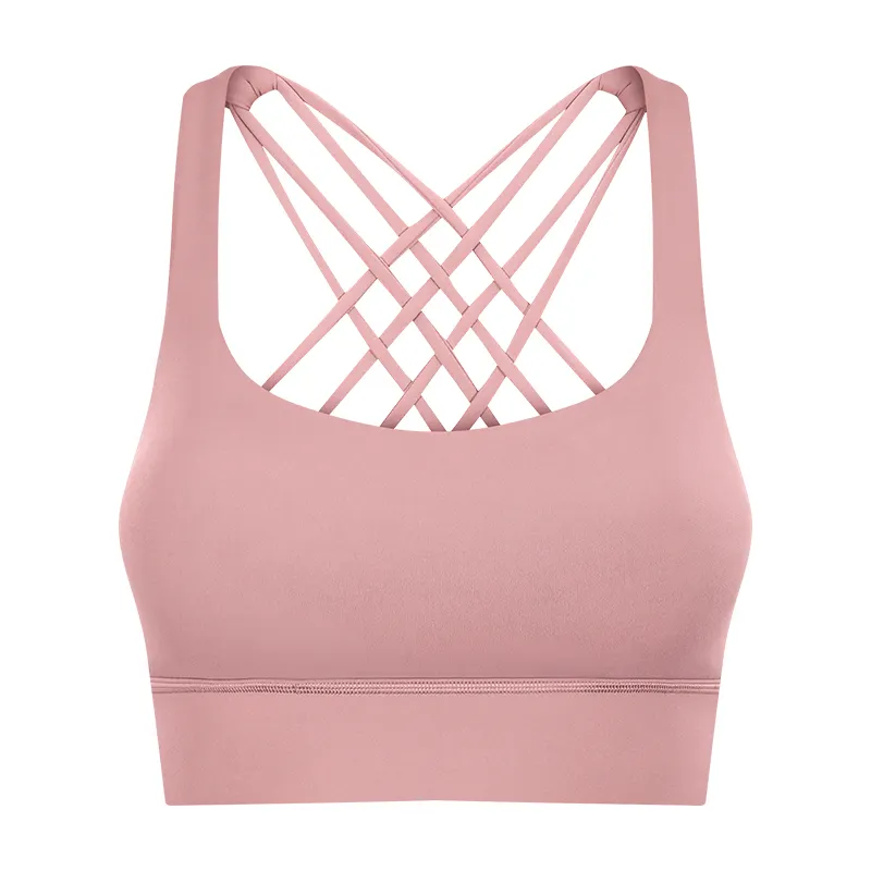 Coral pink shop widened hem back criss cross straps double sided brushed nylon toe dye shock absorber push up sports bra at a great price on Hergymclothing