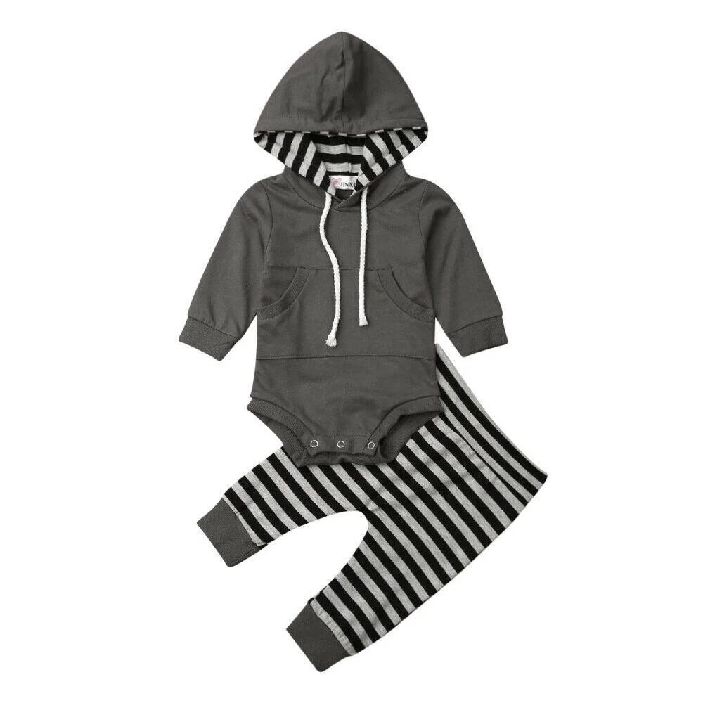 2019 Baby Spring Autumn Clothing Toddler Baby Boy Clothes Hooded Tops Long Sleeve Romper Striped+Long Pants Pocket Outfits