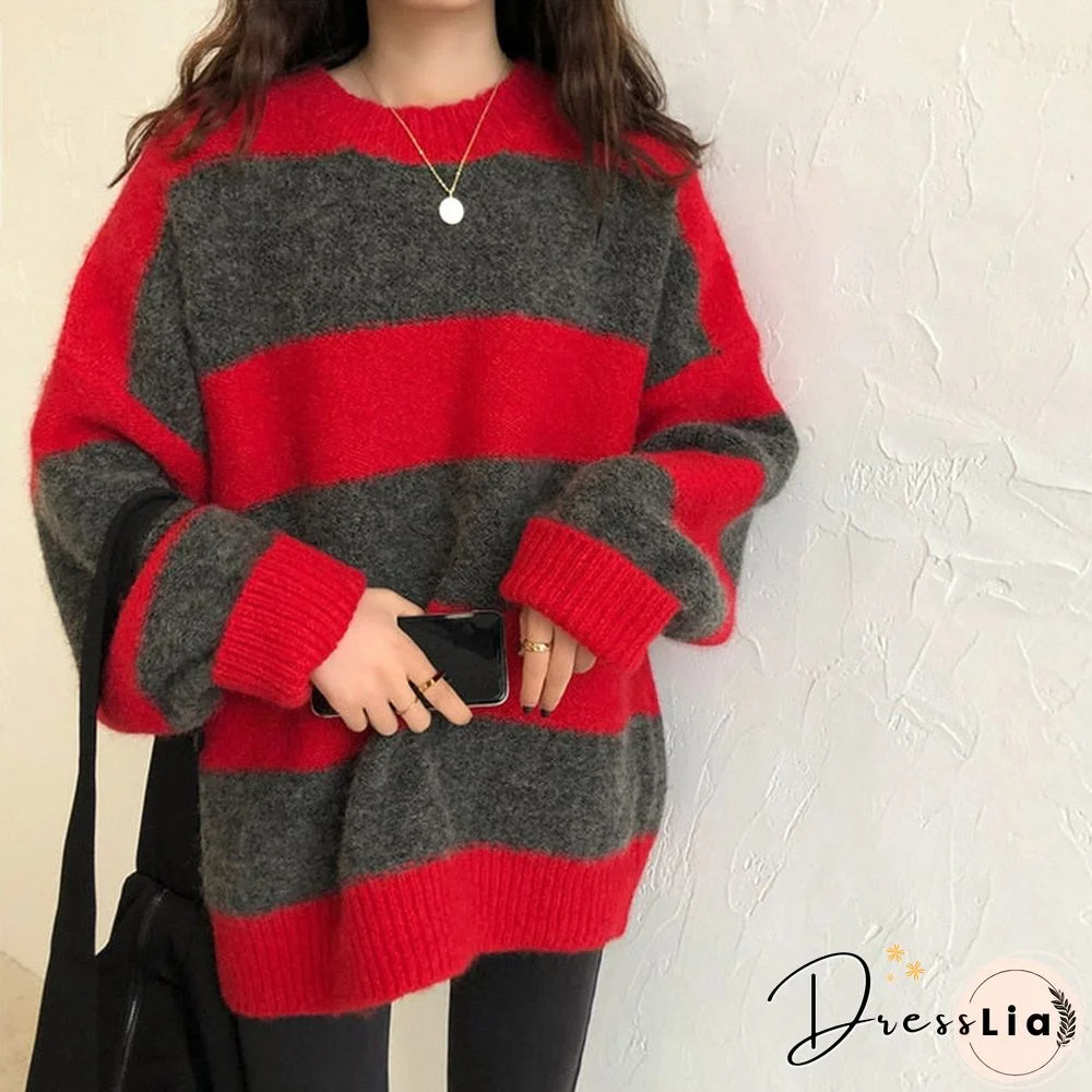 Striped Knitted Pullover Women Vintage Loose Sweater Streetwear Autumn Winter Casual Color-block Jumper Sweaters Sueter Feminino